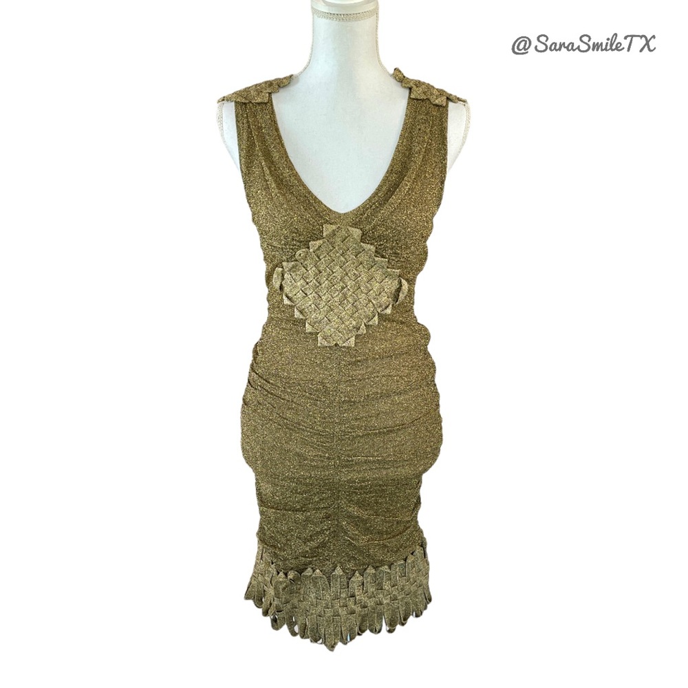 ZAC POSEN Designer Couture Metallic Gold Ruched Fitted Cocktail Dress - RARE